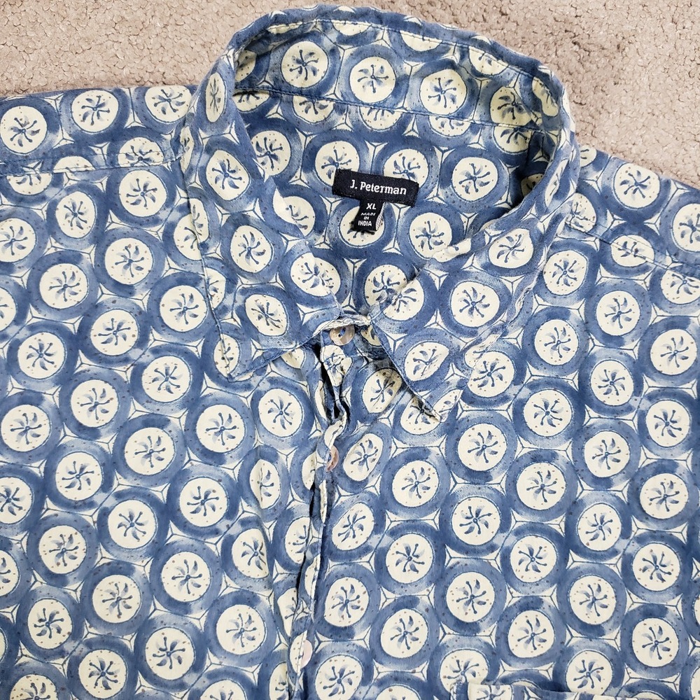 VTG‎ J Peterman Shirt Men XL Blue Tan Geometric Iridescent Buttons Casual